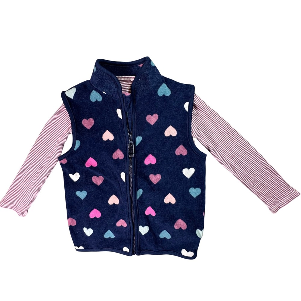 Carter's Toddler Girls Heart Fleece Vest & Striped Shirt Set 3T Navy Pink Preppy